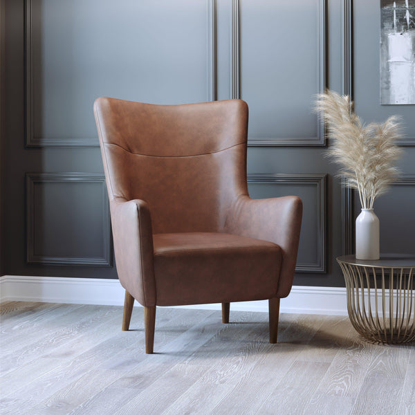 Dark Brown |#| Commercial Wingback Accent Chair with Wooden Legs in Dark Brown Faux Leather