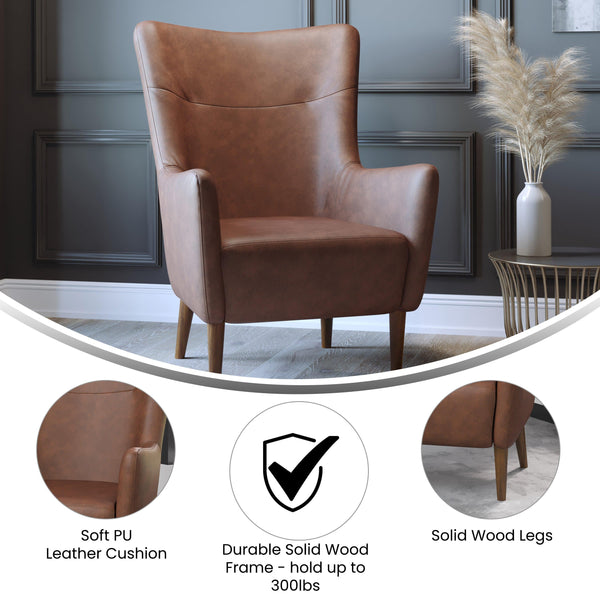 Dark Brown |#| Commercial Wingback Accent Chair with Wooden Legs in Dark Brown Faux Leather
