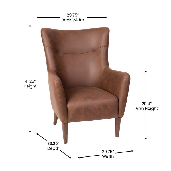 Dark Brown |#| Commercial Wingback Accent Chair with Wooden Legs in Dark Brown Faux Leather