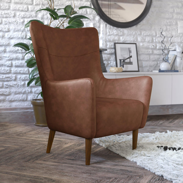 Dark Brown |#| Commercial Wingback Accent Chair with Wooden Legs in Dark Brown Faux Leather