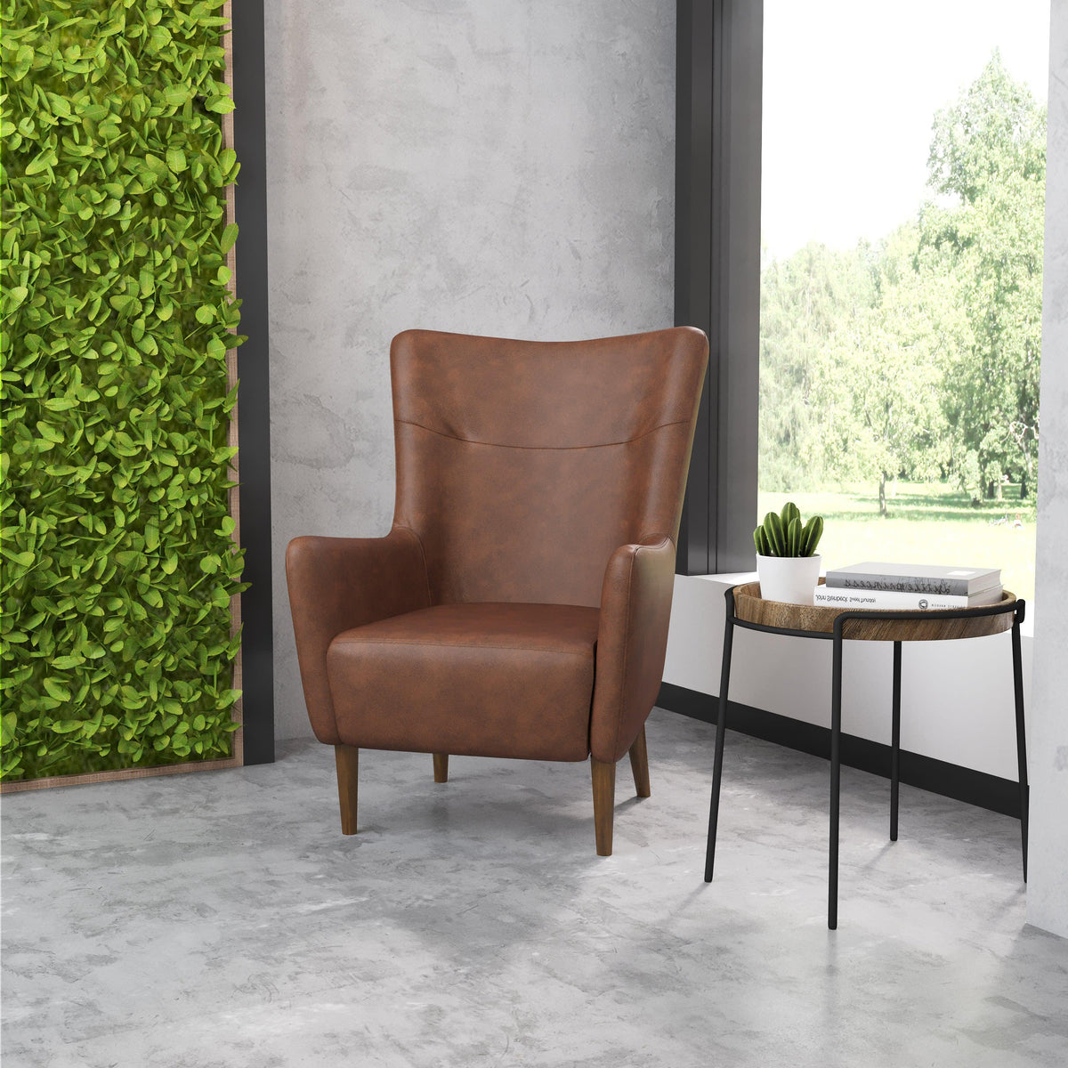 Dark Brown |#| Commercial Wingback Accent Chair with Wooden Legs in Dark Brown Faux Leather