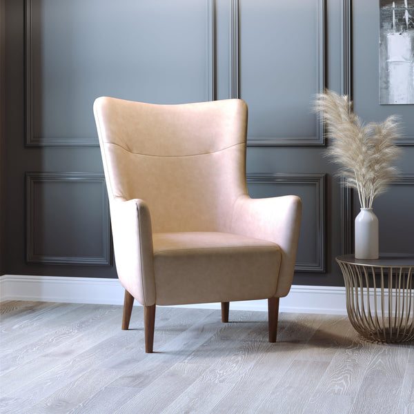 Light Brown |#| Commercial Wingback Accent Chair with Wooden Legs in Light Brown Faux Leather