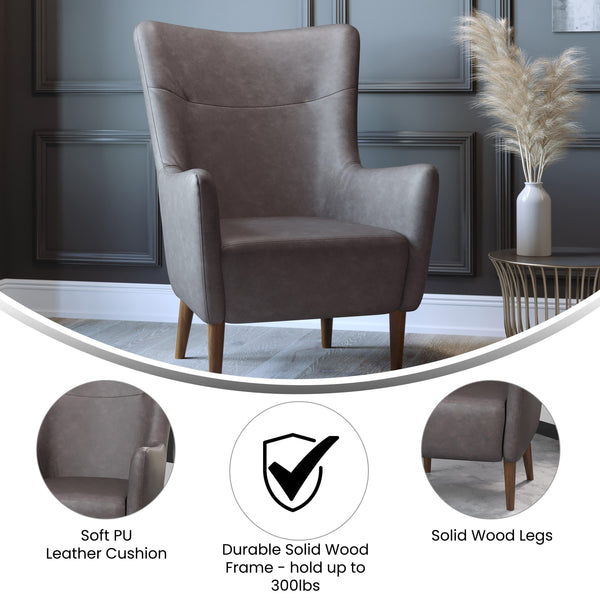 Dark Gray |#| Commercial Wingback Accent Chair with Wooden Legs in Dark Gray Faux Leather