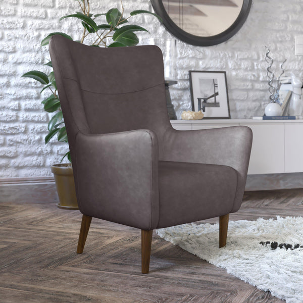 Dark Gray |#| Commercial Wingback Accent Chair with Wooden Legs in Dark Gray Faux Leather
