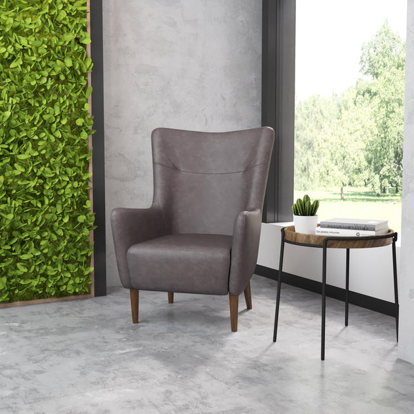 Dark Gray |#| Commercial Wingback Accent Chair with Wooden Legs in Dark Gray Faux Leather