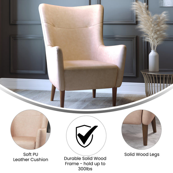 Light Brown |#| Commercial Wingback Accent Chair with Wooden Legs in Light Brown Faux Leather