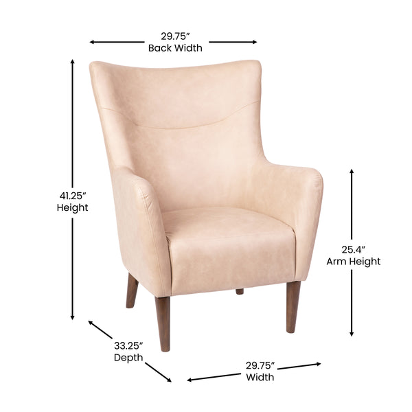 Light Brown |#| Commercial Wingback Accent Chair with Wooden Legs in Light Brown Faux Leather
