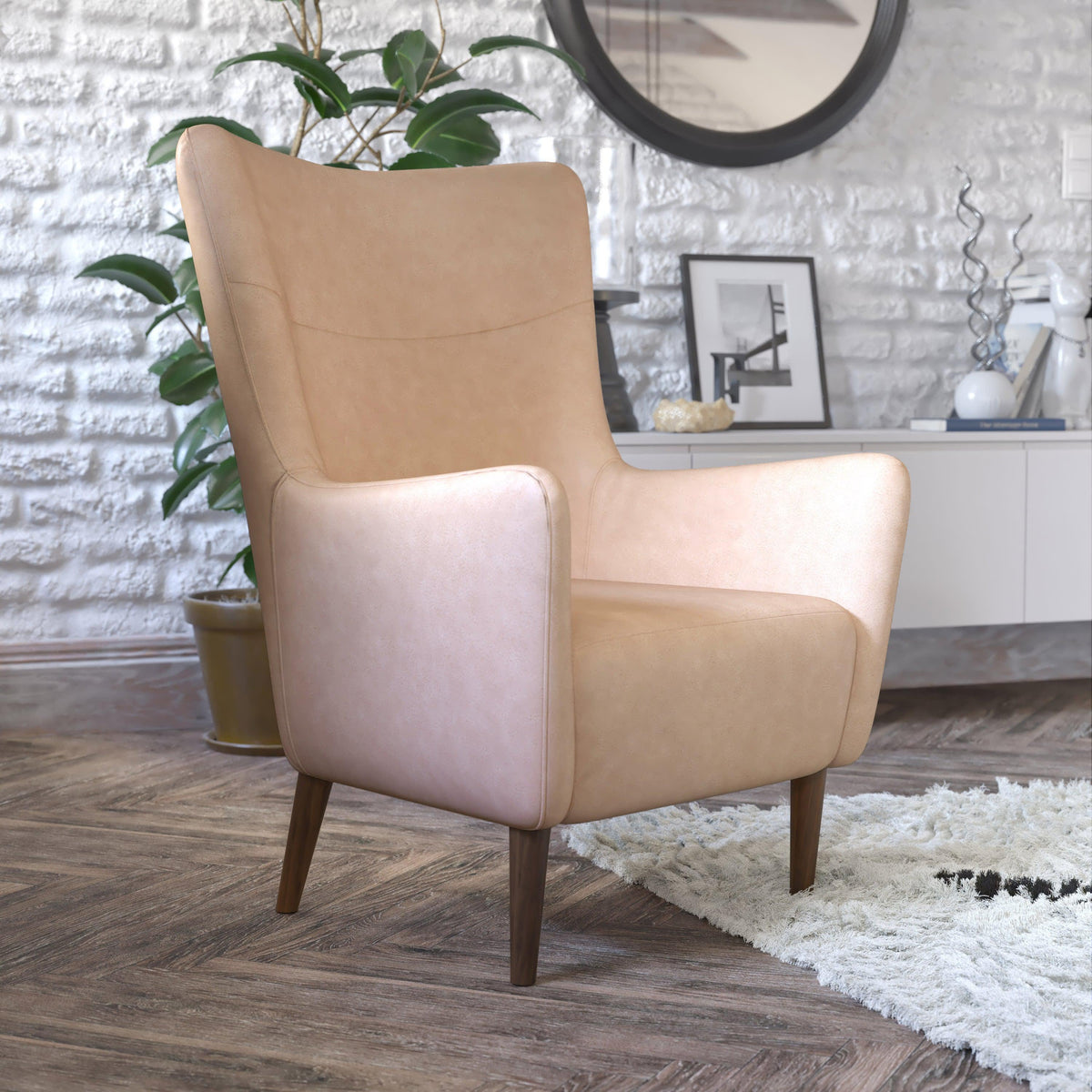 Light Brown |#| Commercial Wingback Accent Chair with Wooden Legs in Light Brown Faux Leather