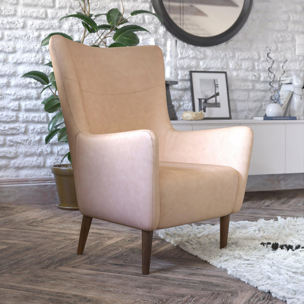 Light Brown |#| Commercial Wingback Accent Chair with Wooden Legs in Light Brown Faux Leather