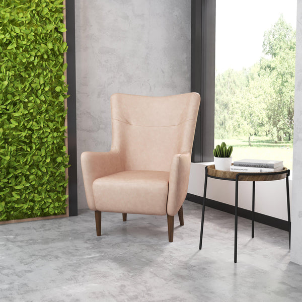 Light Brown |#| Commercial Wingback Accent Chair with Wooden Legs in Light Brown Faux Leather