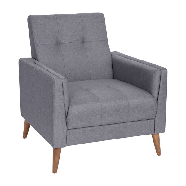 Slate Gray |#| Mid-Century Modern Slate Gray Faux Linen Upholstered Tufted Chair with Wood Legs