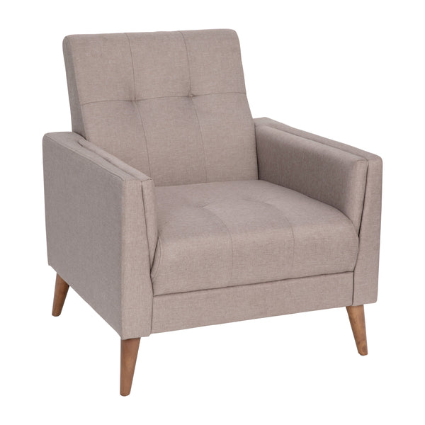Taupe |#| Mid-Century Modern Taupe Faux Linen Upholstered Tufted Chair with Wood Legs