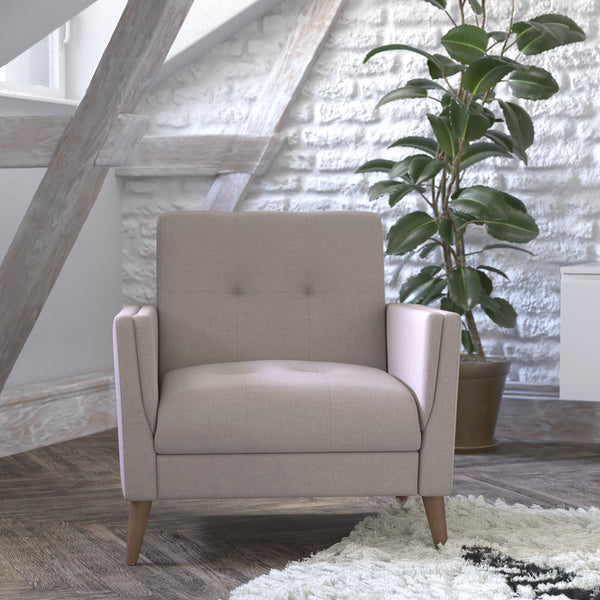Taupe |#| Mid-Century Modern Taupe Faux Linen Upholstered Tufted Chair with Wood Legs