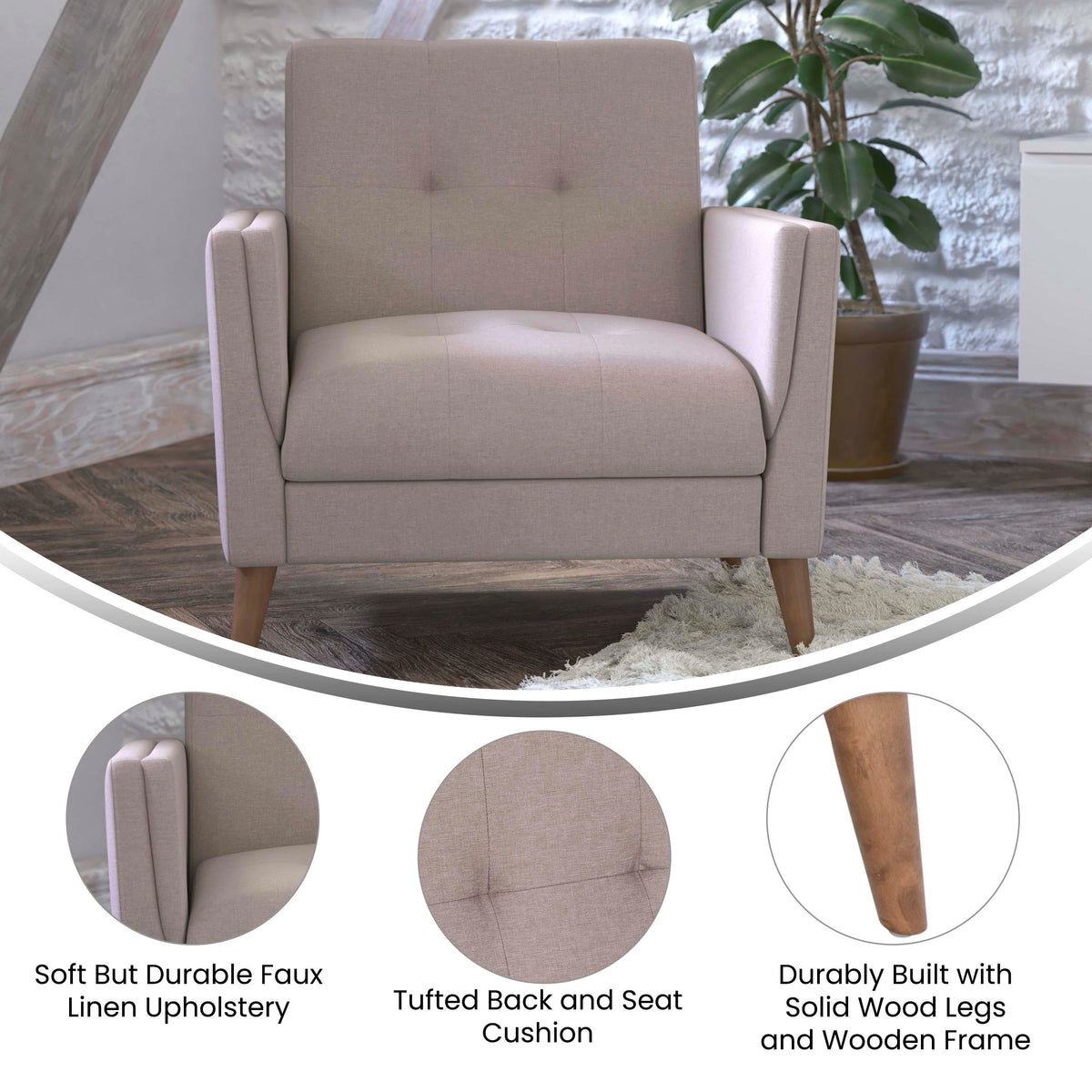 Taupe |#| Mid-Century Modern Taupe Faux Linen Upholstered Tufted Chair with Wood Legs
