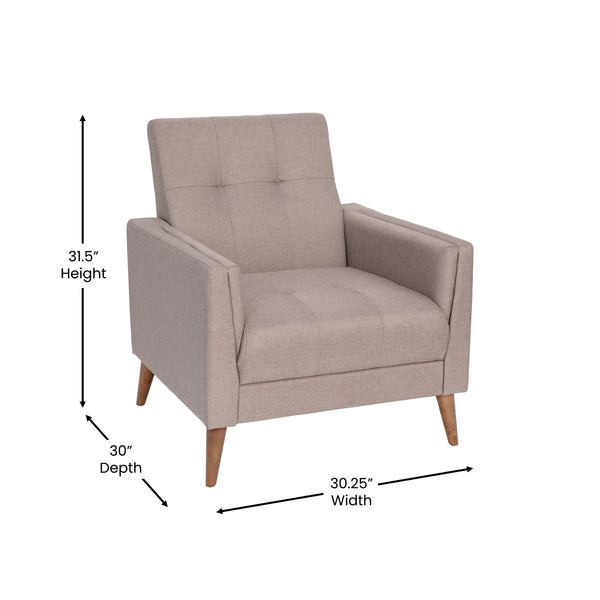 Taupe |#| Mid-Century Modern Taupe Faux Linen Upholstered Tufted Chair with Wood Legs