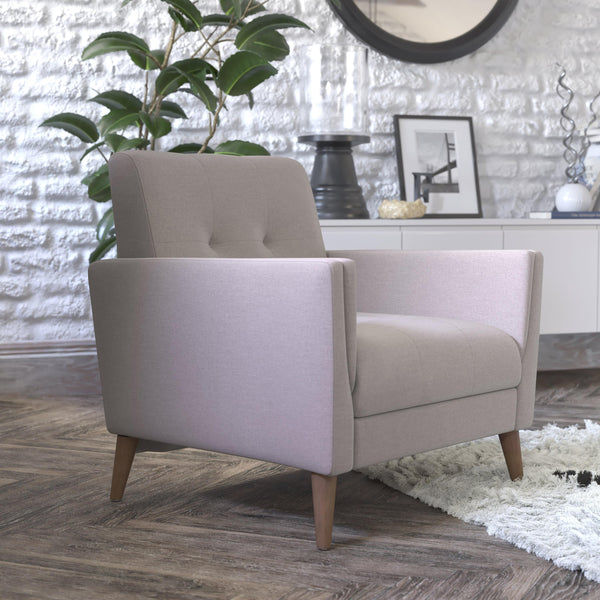 Taupe |#| Mid-Century Modern Taupe Faux Linen Upholstered Tufted Chair with Wood Legs