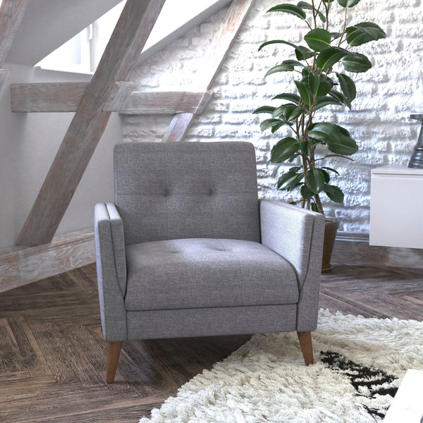 Slate Gray |#| Mid-Century Modern Slate Gray Faux Linen Upholstered Tufted Chair with Wood Legs