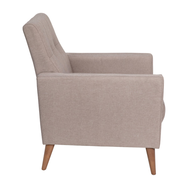 Taupe |#| Mid-Century Modern Taupe Faux Linen Upholstered Tufted Chair with Wood Legs