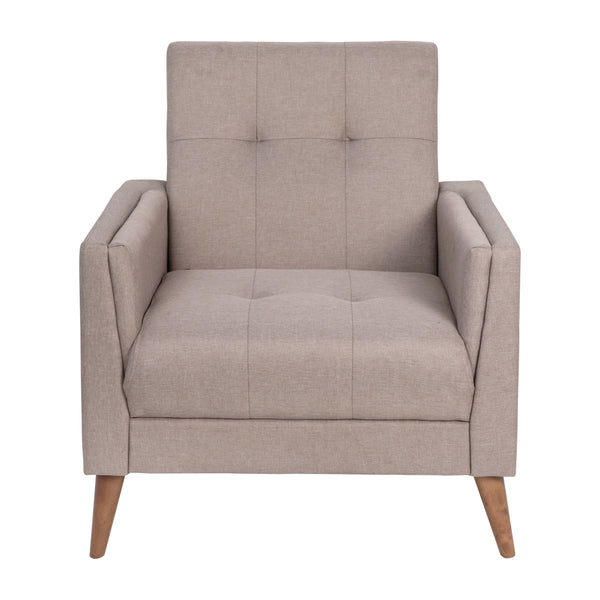 Taupe |#| Mid-Century Modern Taupe Faux Linen Upholstered Tufted Chair with Wood Legs