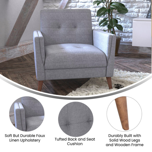Slate Gray |#| Mid-Century Modern Slate Gray Faux Linen Upholstered Tufted Chair with Wood Legs