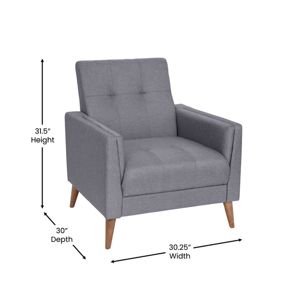 Slate Gray |#| Mid-Century Modern Slate Gray Faux Linen Upholstered Tufted Chair with Wood Legs