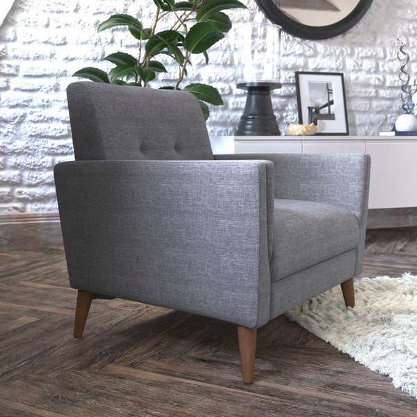 Slate Gray |#| Mid-Century Modern Slate Gray Faux Linen Upholstered Tufted Chair with Wood Legs