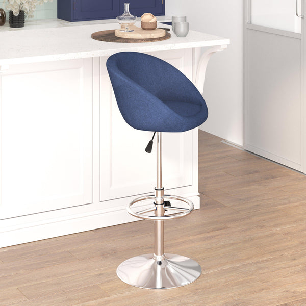 Blue Fabric |#| Blue Fabric Adjustable Height Barstool with Barrel Back and Chrome Base