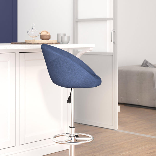 Blue Fabric |#| Blue Fabric Adjustable Height Barstool with Barrel Back and Chrome Base