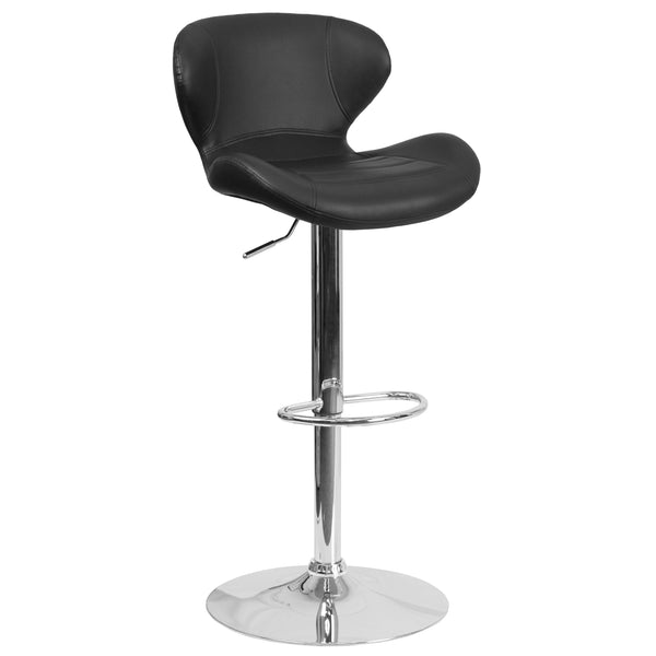 Black Vinyl |#| Contemporary Black Vinyl Adjustable Barstool with Curved Back & Chrome Base