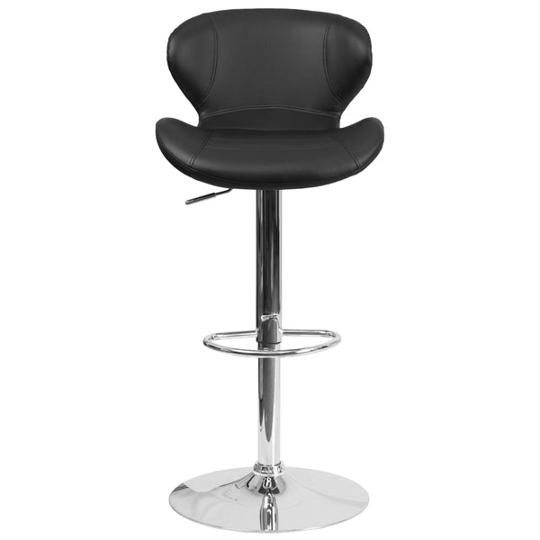 Black Vinyl |#| Contemporary Black Vinyl Adjustable Barstool with Curved Back & Chrome Base