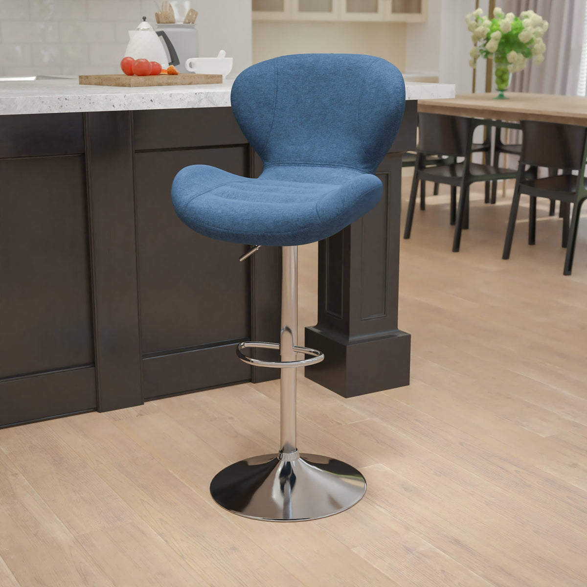 Blue Fabric |#| Contemporary Blue Fabric Adjustable Barstool with Curved Back & Chrome Base