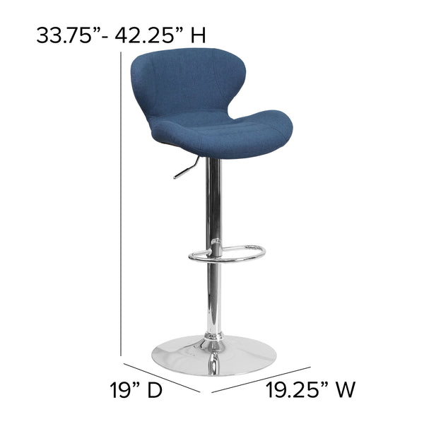 Blue Fabric |#| Contemporary Blue Fabric Adjustable Barstool with Curved Back & Chrome Base