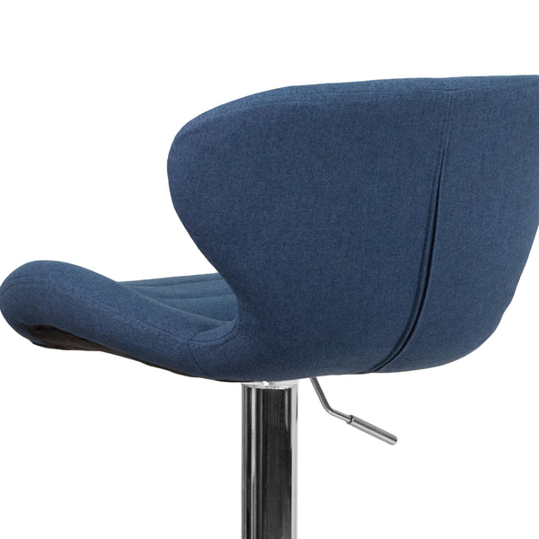 Blue Fabric |#| Contemporary Blue Fabric Adjustable Barstool with Curved Back & Chrome Base