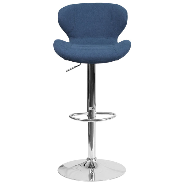 Blue Fabric |#| Contemporary Blue Fabric Adjustable Barstool with Curved Back & Chrome Base