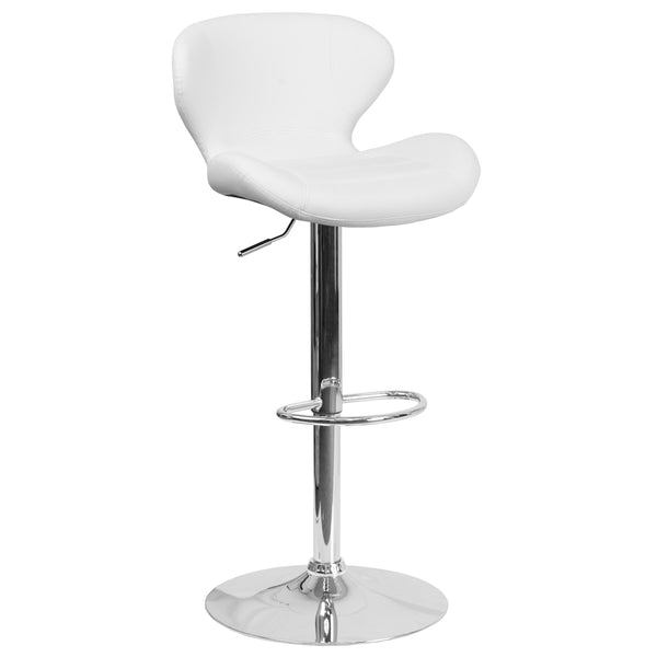 White Vinyl |#| Contemporary White Vinyl Adjustable Barstool with Curved Back & Chrome Base