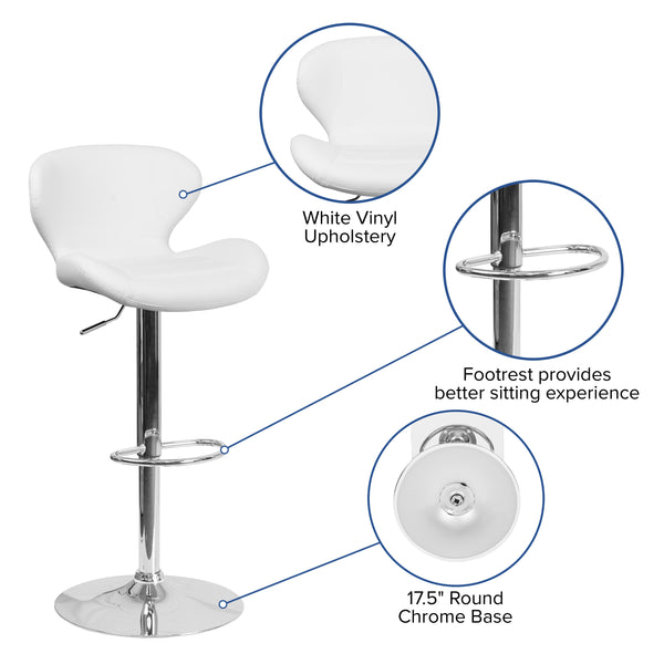 White Vinyl |#| Contemporary White Vinyl Adjustable Barstool with Curved Back & Chrome Base