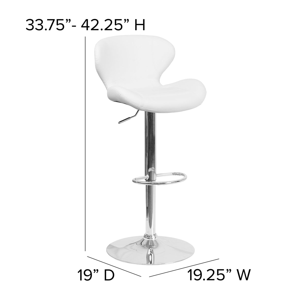 White Vinyl |#| Contemporary White Vinyl Adjustable Barstool with Curved Back & Chrome Base