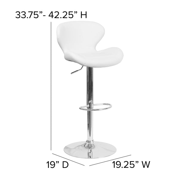 White Vinyl |#| Contemporary White Vinyl Adjustable Barstool with Curved Back & Chrome Base