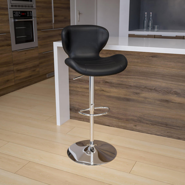 Black Vinyl |#| Contemporary Black Vinyl Adjustable Barstool with Curved Back & Chrome Base