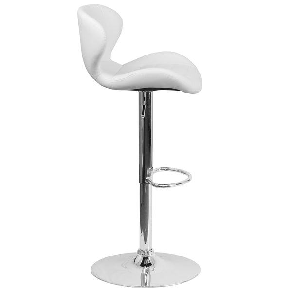 White Vinyl |#| Contemporary White Vinyl Adjustable Barstool with Curved Back & Chrome Base