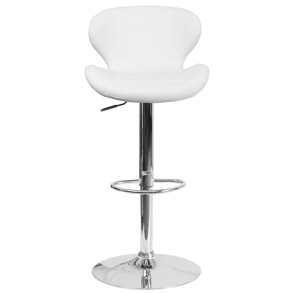 White Vinyl |#| Contemporary White Vinyl Adjustable Barstool with Curved Back & Chrome Base