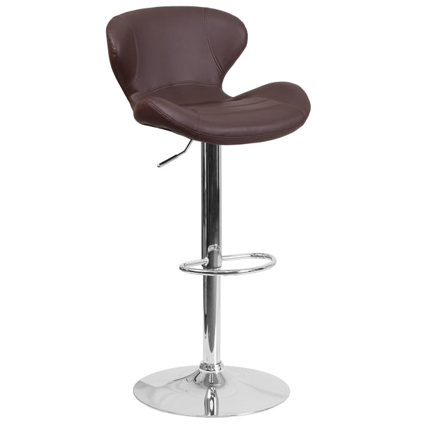 Brown Vinyl |#| Contemporary Brown Vinyl Adjustable Barstool with Curved Back & Chrome Base