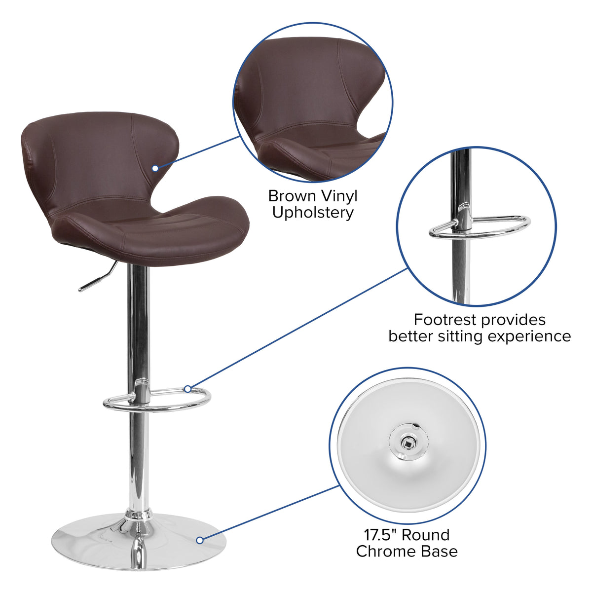 Brown Vinyl |#| Contemporary Brown Vinyl Adjustable Barstool with Curved Back & Chrome Base