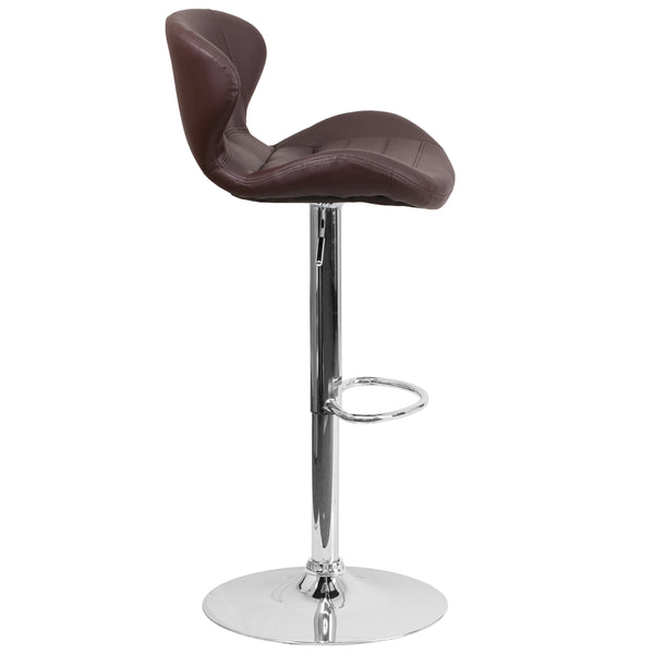 Brown Vinyl |#| Contemporary Brown Vinyl Adjustable Barstool with Curved Back & Chrome Base