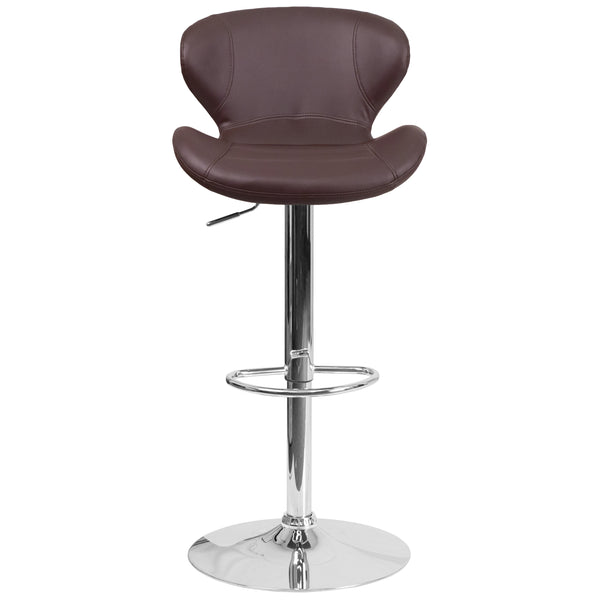 Brown Vinyl |#| Contemporary Brown Vinyl Adjustable Barstool with Curved Back & Chrome Base