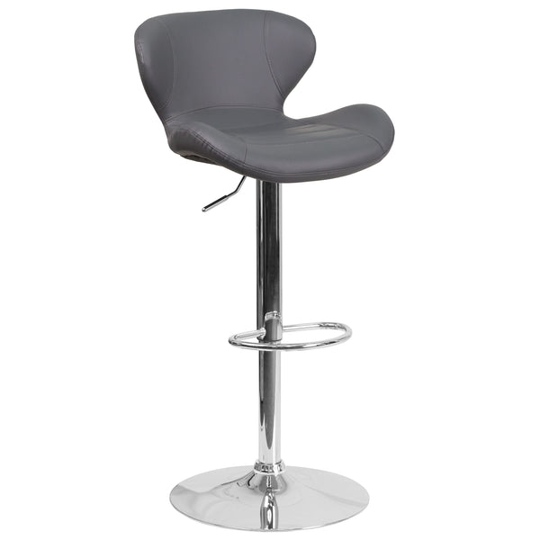 Gray Vinyl |#| Contemporary Gray Vinyl Adjustable Barstool with Curved Back & Chrome Base