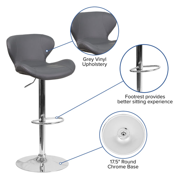 Gray Vinyl |#| Contemporary Gray Vinyl Adjustable Barstool with Curved Back & Chrome Base