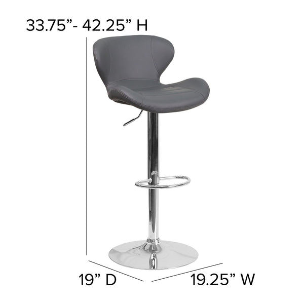 Gray Vinyl |#| Contemporary Gray Vinyl Adjustable Barstool with Curved Back & Chrome Base