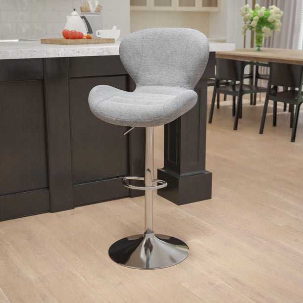 Gray Fabric |#| Contemporary Gray Fabric Adjustable Barstool with Curved Back & Chrome Base