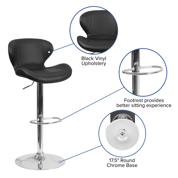 Black Vinyl |#| Contemporary Black Vinyl Adjustable Barstool with Curved Back & Chrome Base